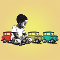illustration of autistic boy with toy cars.